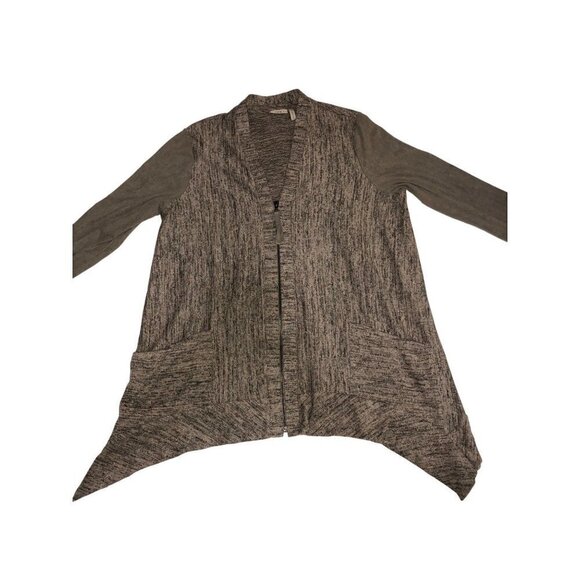 Logo Lori Goldstein Size M Zip Front Cardigan Tunic Shacket Mixed Media Beige - Picture 6 of 11